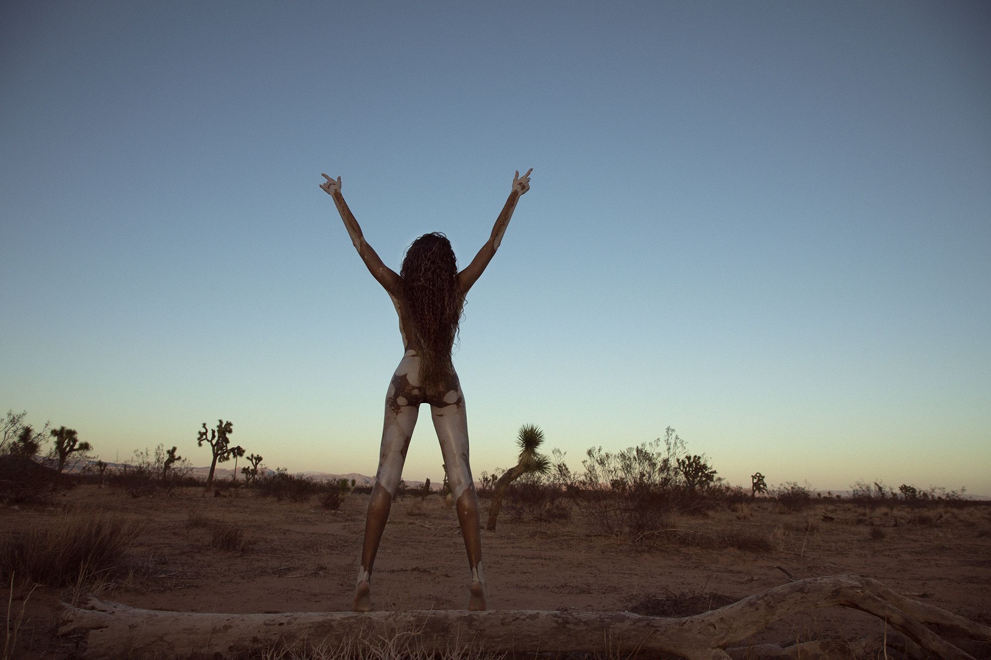 model winnie harlow standing bare with back to camera, hands up in air with both her left and right pointer fingers pointing to the sky, on an open desert like landscape with blue sky