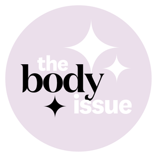 light pink circle with text that reads the body issue, with illustrated sparkles